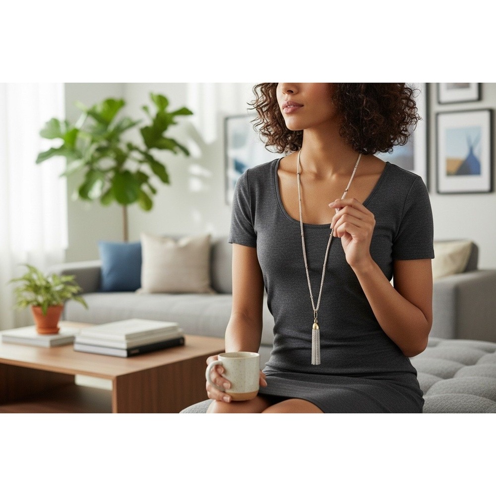 Ralph Lauren Long Silver Tone Necklace Tassel Pendant Layered Chains Beads